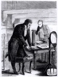 Hans Christian Oersted (1777-1851) ontdekt de afwijking van de magnetische naald door gesloten stroom in 1820, uit Les Merveilles de la Science door Louis Figuier (1819-94), 1867