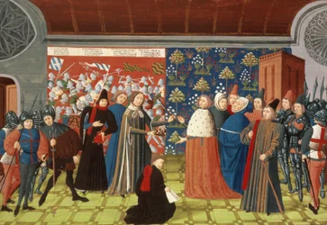 Richard II geeft de kroon aan de Graaf van Derby, uit Froissart