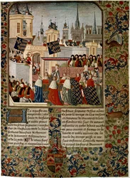 Intocht van Koningin Isabella, vervreemde gemalin van Edward II, in Parijs in 1325, uitgevoerd door Jean Froissart voor de historicus Philippe de Comines