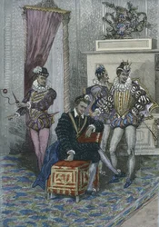 Henri III (1551-89) en zijn favorieten (kleurgravure)