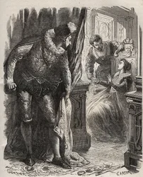 Henry Stuart, genaamd Lord Darnley (1545-1567), betrapte zijn vrouw, koningin Mary I Stuart (1542-1587), met haar privésecretaris, David Rizzio (overleden in 1566). Gravure uit 1871 in 