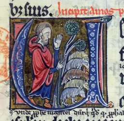 Geïllustreerde initiaal U die de profeet Amos toont die zijn kudde leidt, uit een Latijnse Bijbel, 14e eeuw