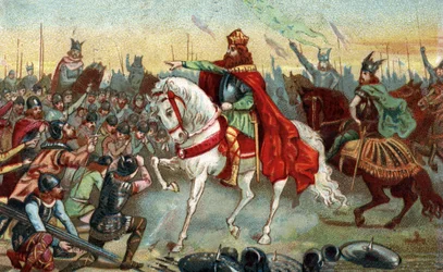 Geschiedenis van Gallië in de Middeleeuwen: Germaanse Saksen knielen voor koning Karel de Grote (742-814) die de oorlogen won. Chromolithografie van het einde van de 19e eeuw.