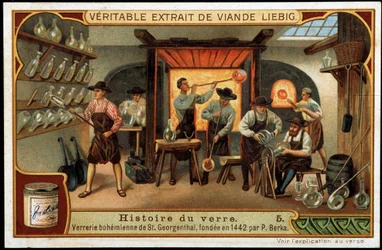 Geschiedenis van glas: Boheemse glasfabriek van Sint Georgenthal opgericht in 1442 door P. Berka. Eind 19e eeuw liebig chromolithografie