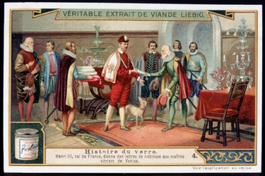 Geschiedenis van glas: Hendrik III (1551-1589) Koning van Frankrijk verleent adelsbrieven aan de meester-glasmakers van Venetië. Eind 19e eeuw liebig chromolithografie