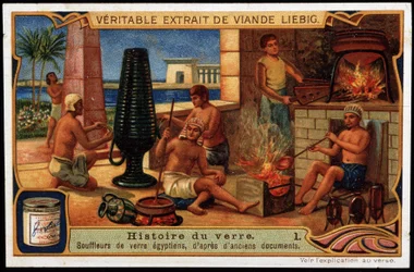 Geschiedenis van glas: Egyptische glasblazers, gebaseerd op oude documenten. Liebig Chromolithografie