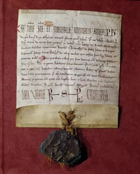 Hulde aan koning Filips II (1165-1223) van Simon de Montfort (c.1160-1218) voor de gebieden die in beslag zijn genomen van Raymond VI (1197-1249) c.1216