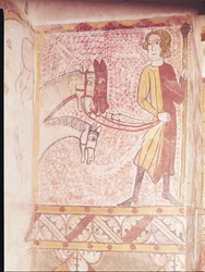 Ruiter die de teugels van drie paarden vasthoudt, van de noordmuur, ca.1265