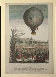 Heteluchtballonexperiment door de gebroeders Montgolfier en François Pilatre de Rozier (1754-85) in Lyon, 19 januari 1784
