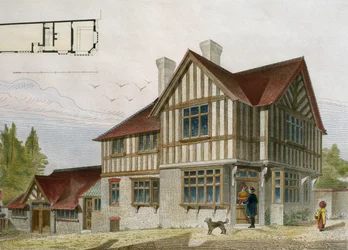 Huis van een kleine winkelier in de omgeving van Londen, illustratie uit Le Moniteur des architectes, 1884, gegraveerd door Paul Louis Bury (19e eeuw)