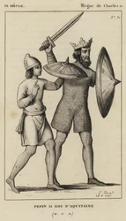 9e eeuw, Regeerperiode van Karel II, Pepijn II, koning van Aquitanië (gravure)