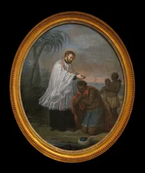 Ik doop een Indiaan. Het personage dat de doop ontvangt lijkt geen Indiaan te zijn, in tegenstelling tot de twee personages op de achtergrond. Dit schilderij zou een allegorie kunnen zijn van de jezuïeten zendingsmissie op alle continenten. Het stelt ons e