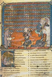 Verluchte pagina uit een Anthologie, van links naar rechts, Adenet le Roi, een minstreel van Hertog Hendrik; Graaf Guy van Vlaanderen; Marie, Koningin van Frankrijk en vrouw van Filips de Stoute (1342-1404); en Mada
