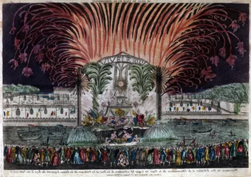 Verlichting en vuurwerk op Place Louis XV in Parijs ter gelegenheid van de vrede en de inhuldiging van het ruiterstandbeeld van de koning op 22 juni 1763. Privee Collectie