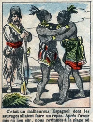 Illustratie voor het boek van Daniel Defoe "Robinson Crusoe". Epinal afbeelding eind 19e eeuw.
