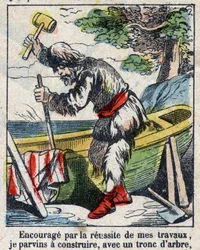Illustratie voor het boek van Daniel Defoe "Robinson Crusoe". Epinal afbeelding eind 19e eeuw.