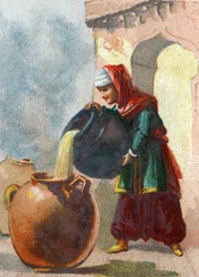 Illustratie voor de Verhalen van Duizend-en-een-nacht. Morgiane, een slaaf van Ali Baba, die ontdekte dat de vazen dieven bevatten, nam hun leven door kokende olie in elk vat te gieten. Chromolithografie rond 1890.