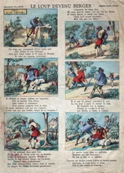 Illustratie van de fabel door Jean de la Fontaine (1621-1695): de wolf werd een herder. Epinal imaging eind 19e eeuw.