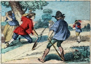 Illustratie van de fabel van Jean de la Fontaine: de wolf werd een herder. Epinal afbeelding eind 19e eeuw.