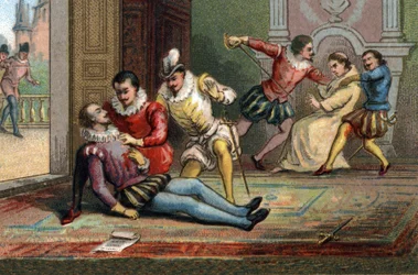 In 1589 vermoordde de monnik Jacques Clément koning Hendrik III met een messteek nadat hij hem een brief had laten lezen. De koning stierf in de armen van Hendrik van Navarra. Chromolithografie rond 1890.