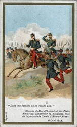 In mijn familie trekken we ons niet terug!. Antwoord van de hertog van Aumale aan zijn Generale Staf die voorzichtigheid adviseerde bij het innemen van de smala (smalah) van Abd el Kader (Abd El-Kader) op 16 mei 1843. Chromolithografie van de 19e eeuw