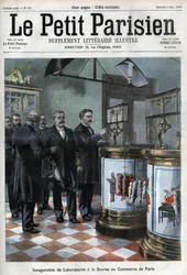 Inhuldiging van laboratoria bij de handelsbeurs: de heer Masson, voorzitter van de Kamer van Koophandel van Parijs, presenteert aan Millerand, minister van Handel, de nieuwe lokalen voor de conditie van borstels en wol en het laboratorium voor papieronderz