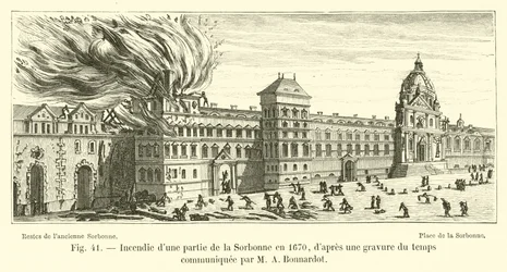 Brand van een deel van de Sorbonne in 1670, naar een gravure uit die tijd gecommuniceerd door M A Bonnardot