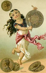 Indiase danser die op een roepiedrum slaat, uit een serie promotiekaarten over valuta in verschillende landen, gepubliceerd in Parijs door Baster & Vieillemard voor gebruik door de chocoladeproducent, Chocolat Ible