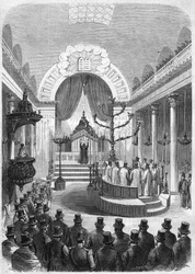 Installatie van de opperrabbijn van de conscriptie van Bordeaux, in de synagoge van de stad in 1864. Gravure naar de schets van Mr. Duffet