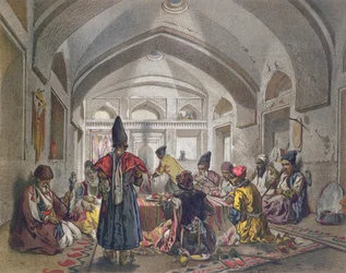 Interieur van een karavanserai in Perzië, midden negentiende eeuw