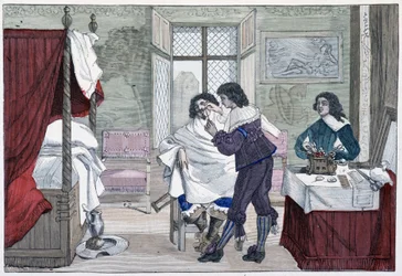 Interieur van het huis van een barbier in de 17e eeuw - in "Parijs door de eeuwen heen"