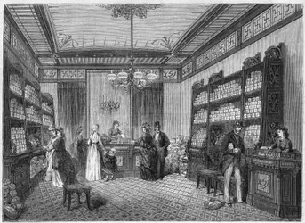Interieur van de koffiebar "Compagnie du Moka-Zanzibar", gelegen in Parijs op 47, rue Vivienne. Gravure in "Le Monde Illustré" n°808 van 5 oktober