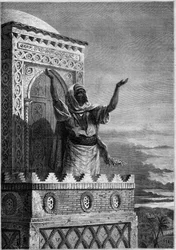 Islam: Muezzin roept de gelovigen op tot het avondgebed vanaf de minaret van een moskee in Afrika. Gravure in 