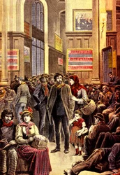 Italiaanse emigranten in Parijs in het Gare Saint Lazare treinstation in maart 1896 (gravure)