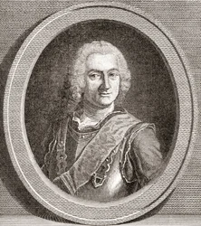 Jean-Baptiste François Desmarets, 1682-1762. Markies van Maillebois. Maarschalk van Frankrijk. Uit Les Heures Libres, gepubliceerd in 1908.