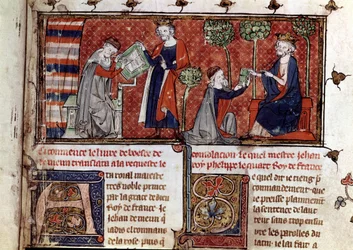 Jean de Meung, schrijvend en leverend aan Filips IV, koning van Frankrijk, ... (manuscript)