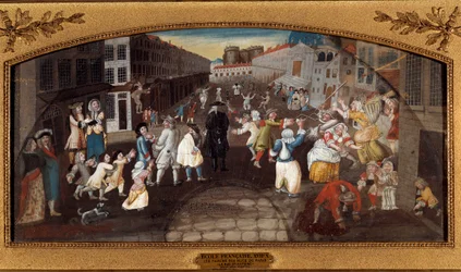 Grappen uit de straten van Parijs: De Rue Saint-Antoine. - Les farces des rues de Paris: la rue du faubourg Saint Antoine a Paris Passanten, volwassenen en kinderen, vermaken zich en vechten. Op de achtergrond zien we de Bastille gevangenis. Schilderij (vo