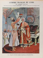 Joseph Francois Dupleix (1697-1763) ontvangt de keizerlijke insignes van een Indiase heerser, omslag van schoolschrift c.1900