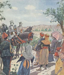 Reis van Kaiser Wilhelm II (1859-1941) naar Palestina. De aankomst in Jeruzalem, uit een krant, 2 november 1898