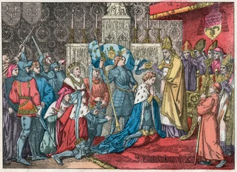 Koning Karel VII (1403-1461) ontvangt op 17/07/1429 de kroon in de kathedraal van Reims in aanwezigheid van Jeanne d