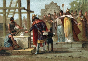 Koning Dagobert I (600-639) houdt toezicht op de bouw van de Kathedraal Saint Denis.
