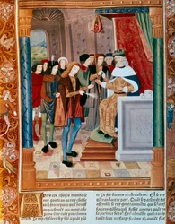 Koning Gontran I. Verlucht manuscript. 15e eeuw.