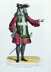 Ridder van de Orde van Sint-Jan van Jeruzalem, illustratie uit Geschiedenis en Kostuums van Monastieke Orden door Vader Helyot, 1842