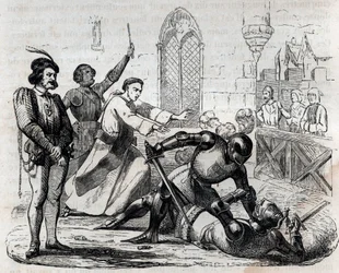 De zaak Carrouges, 29 december 1386 - laatste gerechtelijke duel - duel tussen Jacques le Gris (1330-1386) en Jean de Carrouges - gravure in „De straten van Parijs. Oud en modern Parijs: oorsprong, geschiedenis, monumenten, kostuums, zeden, kronieken en