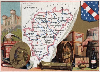 La Charente, Poitou-Charentes, Frankrijk. Portret van Honoré de Balzac. Lokale specialiteit: brandewijn, saffraan, papier, lakens, olie. Serie over de Franse departementen.