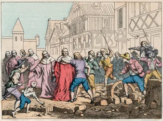 La Fronde (27 augustus 1648) - barricades in Parijs: een rotorjongen bedreigt de president van het parlement, Mathieu Mole (1584-1656) - President Mole mishandeld door opstandelingen - Gravure van het einde van de 19e eeuw in 