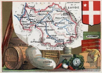 La Savoie (73), Rhone Alpes, Frankrijk. Serie over de Franse departementen. Lokale specialiteit: walnotenolie, wijn, granen, kirschwasser (kirsch), kaas, chambery gaas en leer. Chromolithografie 