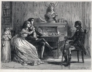 De Terreur tijdens de Franse Revolutie: Camille Desmoulins (1760-1794), gevangen, ontvangt bezoek van zijn vrouw Lucile (1770-1794) en de maarschalk Guillaume Brune (1763-1815)