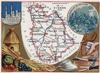 La Vienne (86), Poitou-Charentes, Frankrijk. Zaden, Chatellerault bestek en kousen. Serie over de Franse departementen. Chromolithografie, circa 1920. Privécollectie.