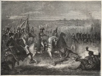 De Slag bij Lonato: tijdens zijn Italiaanse veldtocht verslaat Napoleon de Oostenrijkers onder Wurmser en dwingt hen zich naar Mantua terug te trekken. Ook de Tweede Slag bij Castiglione genoemd. 3 augustus 1796. Nieuwe Nationale Encyclopedie van Maurice